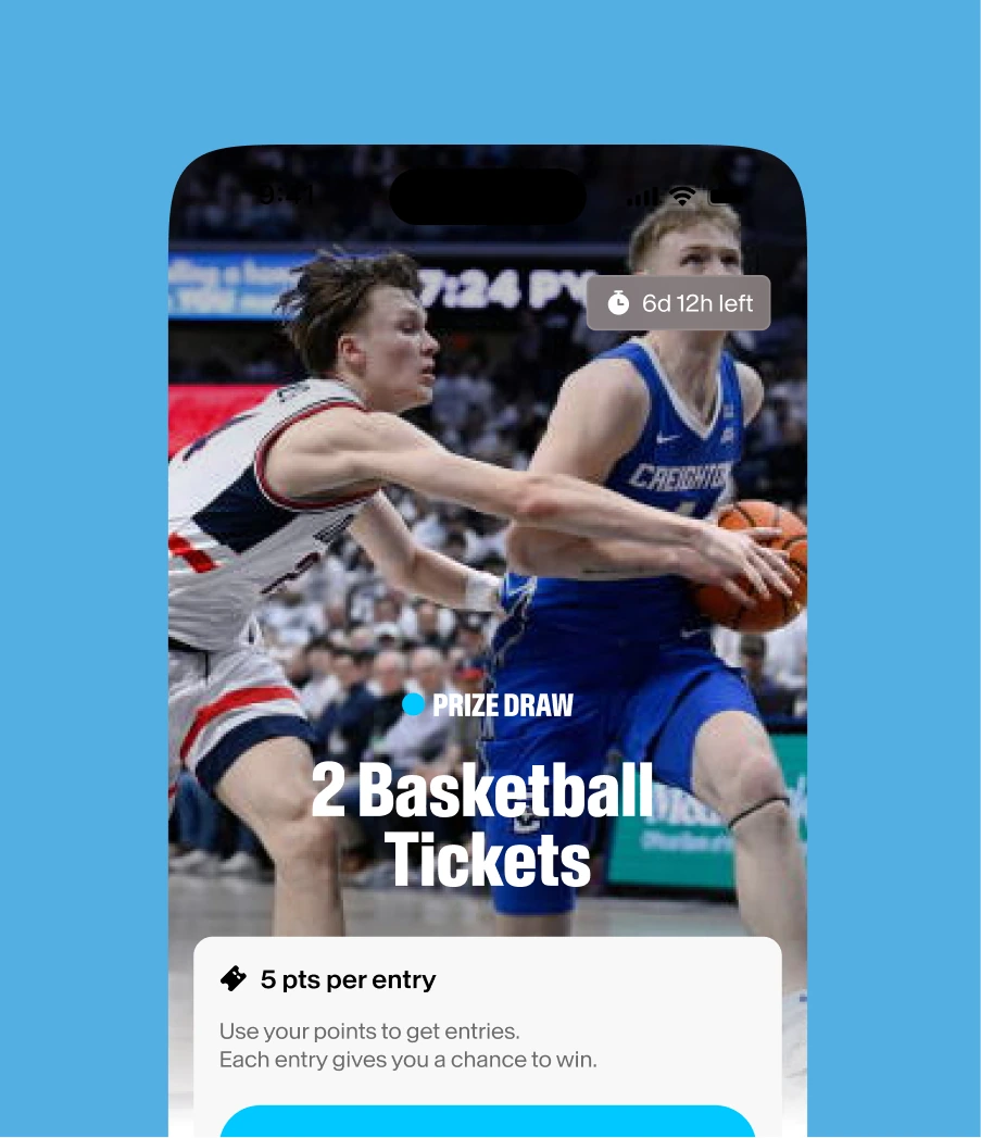 Creighton Rewards app showing a Bluejays basketball ticket prize draw
